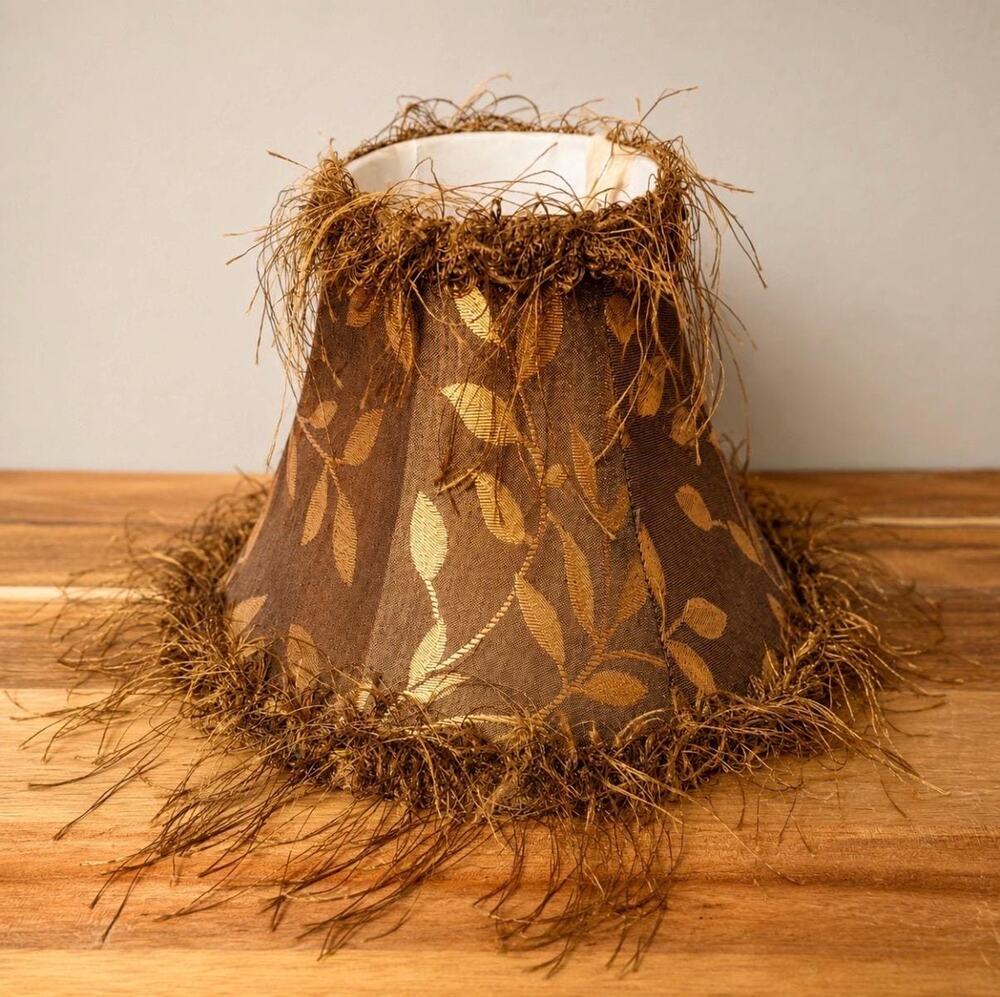 Vintage Brown Gold Floral Fringe Lamp Shade – Victorian Boho Accent Shade